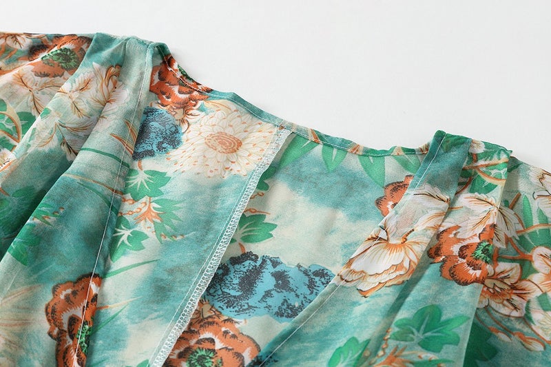 OLRAIN Women's Floral Print Sheer Loose Kimono Cardigan Capes (Medium, Orange Floral) - Image 2